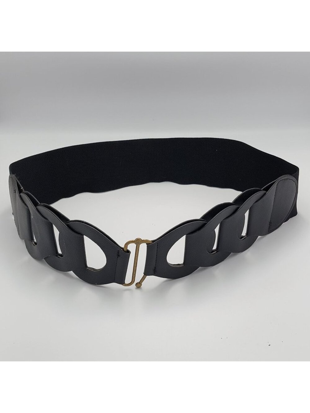 Vtg Y2k Black Elastic Belt With Faux Leather Chain Design & Antique Hardware